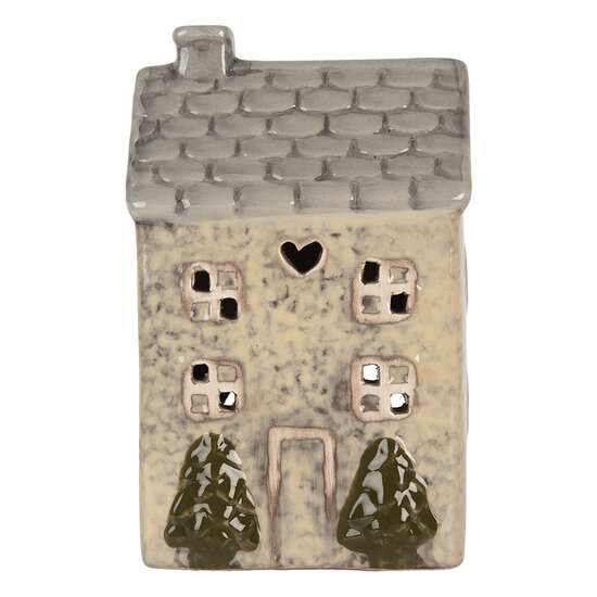 Clayre &amp; Eef | Theelichthouder Kerst Huisje Beige Grijs 9x8x15 cm | 6CE2277