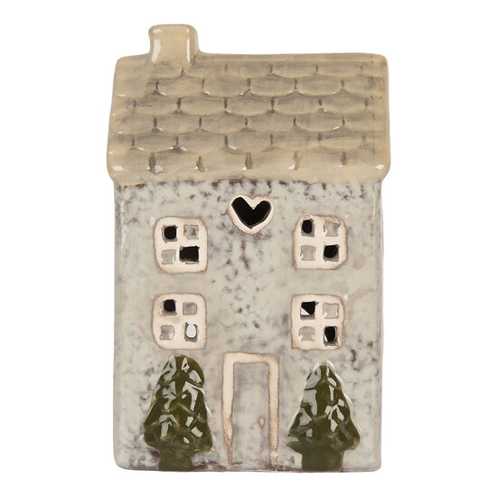 Clayre &amp; Eef | Theelichthouder Kerst Huisje Grijs Beige 9x8x15 cm | 6CE2278