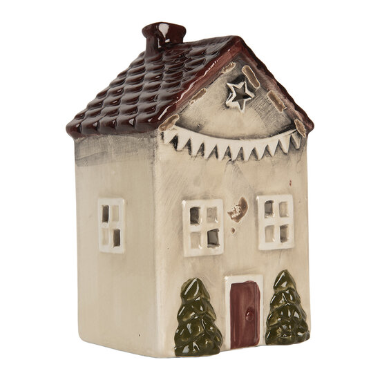 Clayre &amp; Eef | Theelichthouder Kerst Huisje Beige Rood 10x8x15 cm | 6CE2279