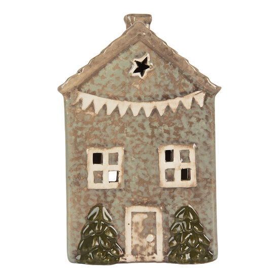 Clayre &amp; Eef | Theelichthouder Kerst Huisje Groen Beige 10x8x15 cm | 6CE2281