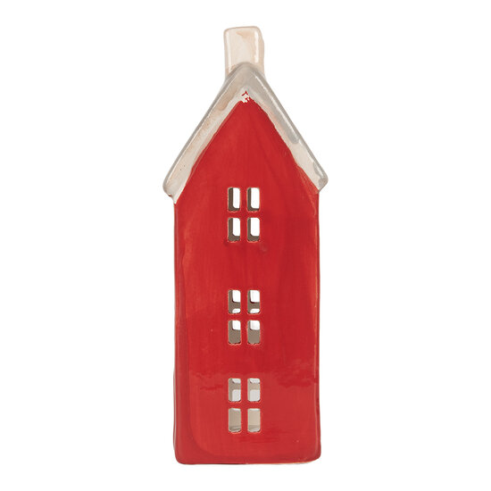 Clayre &amp; Eef | Theelichthouder Kerst Huisje Rood Grijs 7x7x18 cm | 6CE2294