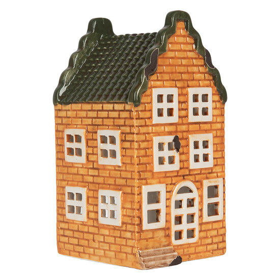 Clayre &amp; Eef | Theelichthouder Kerst Huisje Oranje Groen 9x10x19 cm | 6CE2302