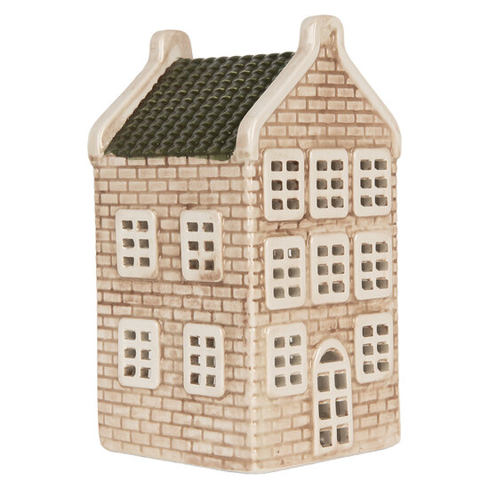 Clayre &amp; Eef | Theelichthouder Kerst Huisje Beige Groen 9x10x19 cm | 6CE2305