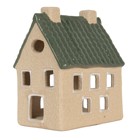 Clayre &amp; Eef | Theelichthouder Kerst Huisje Beige Groen 8x11x14 cm | 6CE2310