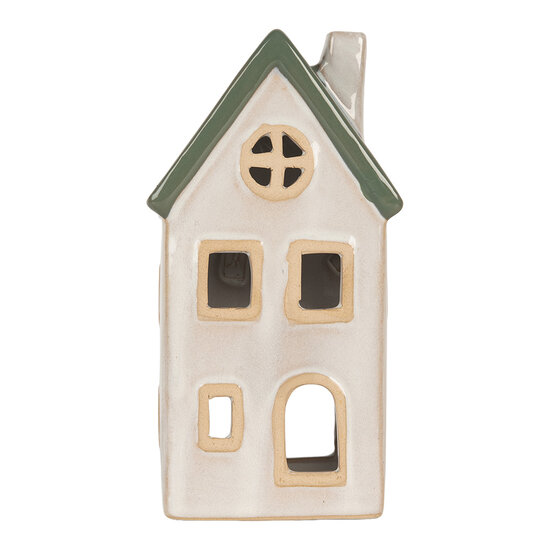 Clayre &amp; Eef | Theelichthouder Kerst Huisje Beige Groen 9x8x18 cm | 6CE2311
