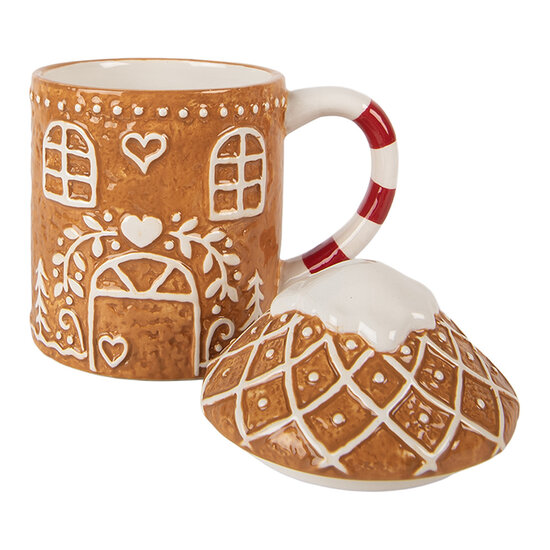 Clayre &amp; Eef | Mok met deksel Bruin Wit 14x10x15 cm / 450 ml | 6CEMU0214