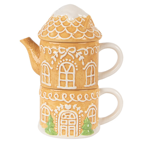 Clayre &amp; Eef | Theepot met Mok Bruin Wit 19x12x23 cm / 550 ml / 450 ml | 6CETE0213