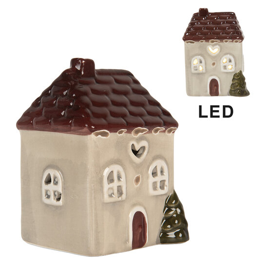 Clayre &amp; Eef | Decoratie Huisje met LED Beige Rood 7x6x10 cm | 6CE2269