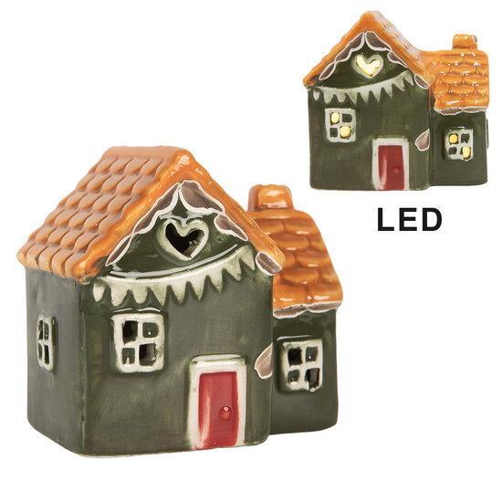 Clayre &amp; Eef | Decoratie Huisje met LED Groen Oranje 8x6x8 cm | 6CE2270