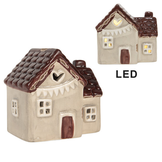 Clayre &amp; Eef | Decoratie Huisje met LED Beige Rood 8x6x8 cm | 6CE2271