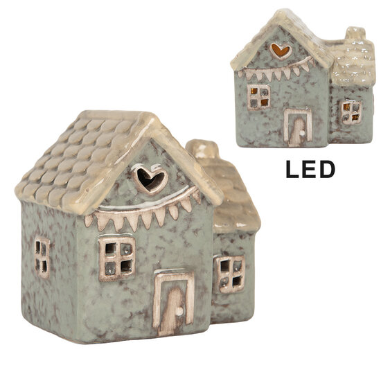 Clayre &amp; Eef | Decoratie Huisje met LED Groen Beige 8x6x8 cm | 6CE2272