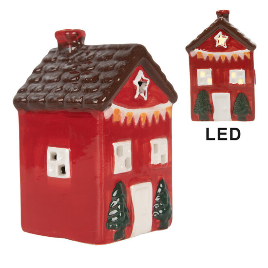 Clayre &amp; Eef | Decoratie Huisje met LED Rood Bruin 6x6x10 cm | 6CE2273