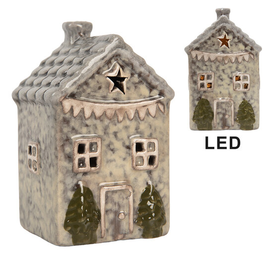 Clayre &amp; Eef | Decoratie Huisje met LED Grijs Groen 6x6x11 cm | 6CE2274