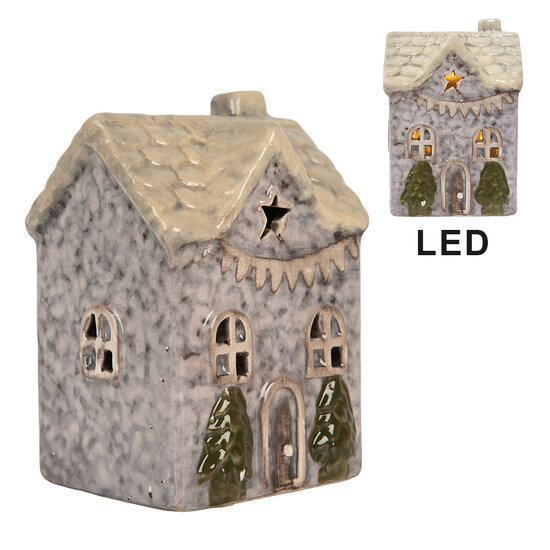 Clayre &amp; Eef | Decoratie Huisje met LED Grijs Beige 6x6x10 cm | 6CE2275