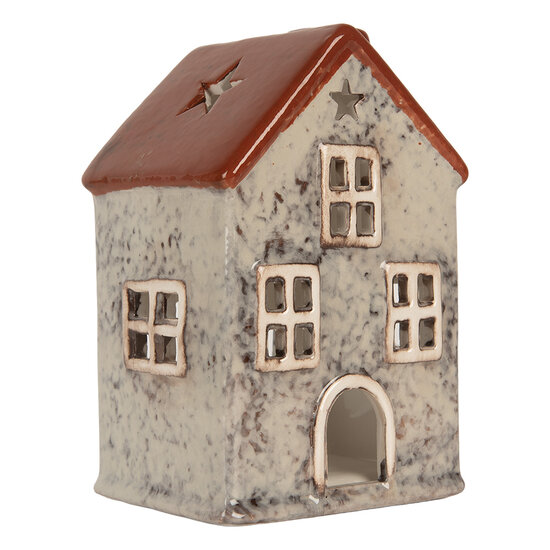 Clayre &amp; Eef | Theelichthouder Kerst Huisje Grijs Rood 8x7x13 cm | 6CE2284