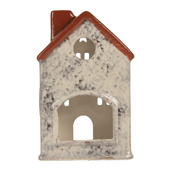 Clayre &amp; Eef | Theelichthouder Kerst Huisje Grijs Rood 8x7x13 cm | 6CE2284