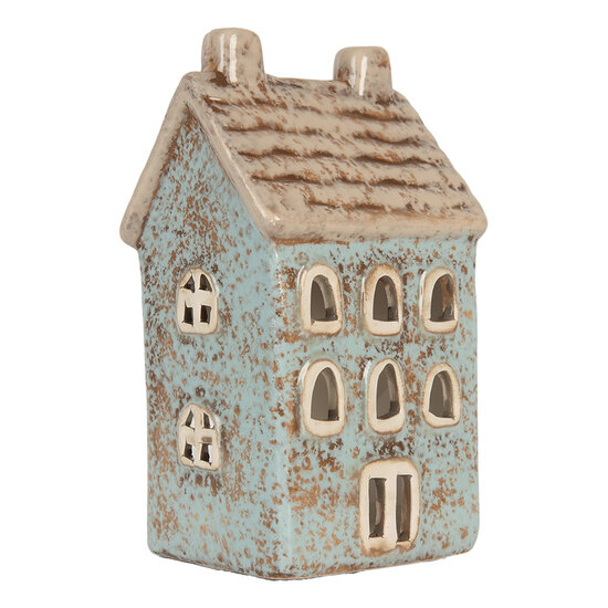 Clayre &amp; Eef | Theelichthouder Kerst Huisje Blauw Beige 8x7x15 cm | 6CE2293