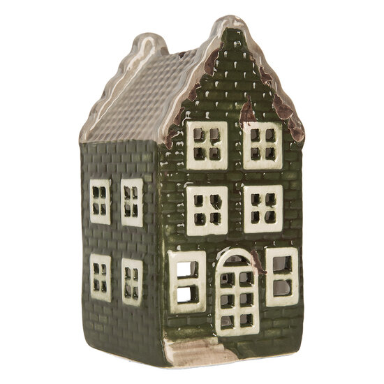 Clayre &amp; Eef | Theelichthouder Kerst Huisje Groen Grijs 7x7x14 cm | 6CE2301