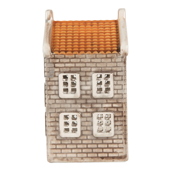Clayre &amp; Eef | Theelichthouder Kerst Huisje Grijs Oranje 7x7x14 cm | 6CE2304