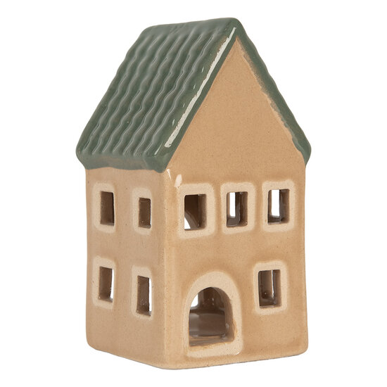 Clayre &amp; Eef | Theelichthouder Kerst Huisje Beige Groen 6x6x11 cm | 6CE2307