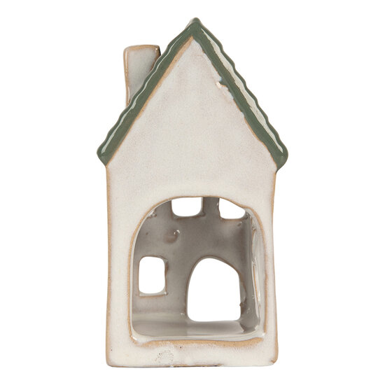 Clayre &amp; Eef | Theelichthouder Kerst Huisje Grijs Groen 7x7x13 cm | 6CE2308