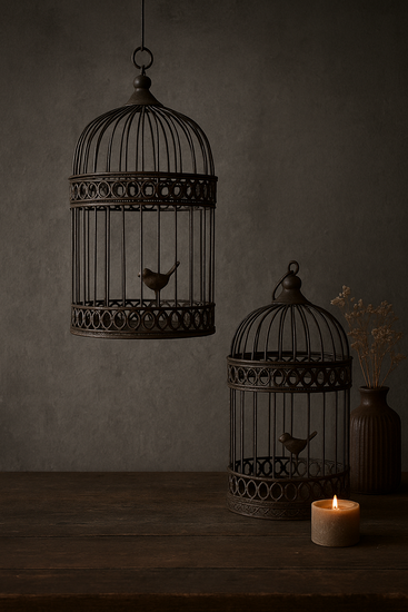 Decoratie vogelkooi set van 2 bruin roest  &Oslash;19 x 36cm - &Oslash;15 x 28cm | 819212-3 | Hang staand | Stoer &amp; Sober Woonstijl
