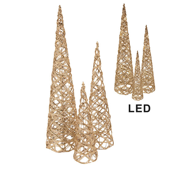 Clayre &amp; Eef | Decoratie kegel met LED (set van 3) Goudkleurig Bruin &oslash; 20x80/16x60/13x40 cm / 6xAA | 50827