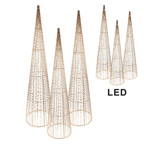 Clayre &amp; Eef | Decoratie kegel met LED (set van 3) Goudkleurig &oslash; 20x80/16x60/11x40 cm / 7xAA | 50828