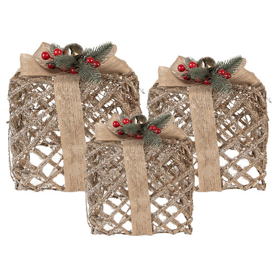 Clayre &amp; Eef | Decoratie cadeau met LED set van 3 Goudkleurig 25x25x30 / 20x20x24 / 15x15x17 cm / 6xAA | 66308