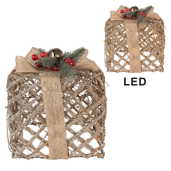 Clayre &amp; Eef | Decoratie cadeau met LED set van 3 Goudkleurig 25x25x30 / 20x20x24 / 15x15x17 cm / 6xAA | 66308