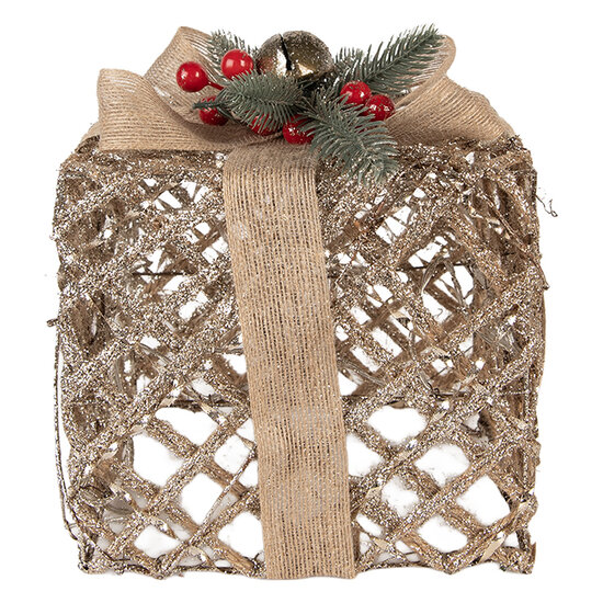 Clayre &amp; Eef | Decoratie cadeau met LED set van 3 Goudkleurig 25x25x30 / 20x20x24 / 15x15x17 cm / 6xAA | 66308