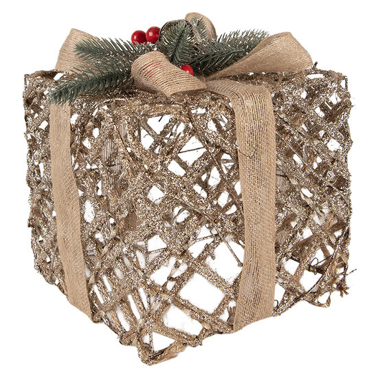 Clayre &amp; Eef | Decoratie cadeau met LED set van 3 Goudkleurig 25x25x30 / 20x20x24 / 15x15x17 cm / 6xAA | 66308