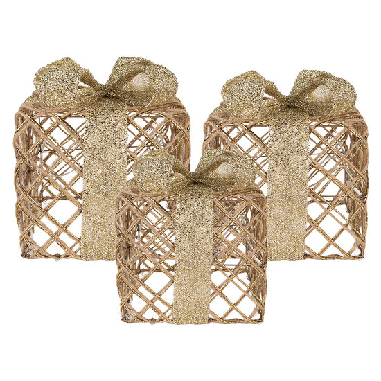 Clayre &amp; Eef | Decoratie cadeau met LED set van 3 Goudkleurig 25x25x30 / 20x20x24 / 15x15x17 cm / 6xAA | 66311
