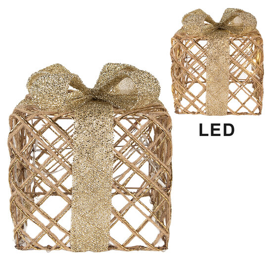 Clayre &amp; Eef | Decoratie cadeau met LED set van 3 Goudkleurig 25x25x30 / 20x20x24 / 15x15x17 cm / 6xAA | 66311