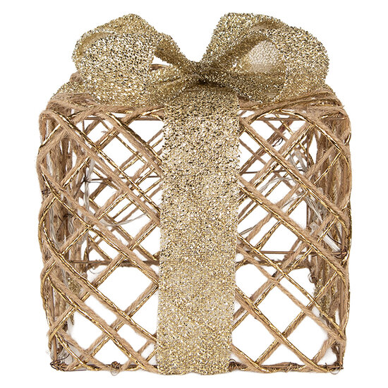 Clayre &amp; Eef | Decoratie cadeau met LED set van 3 Goudkleurig 25x25x30 / 20x20x24 / 15x15x17 cm / 6xAA | 66311
