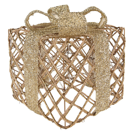 Clayre &amp; Eef | Decoratie cadeau met LED set van 3 Goudkleurig 25x25x30 / 20x20x24 / 15x15x17 cm / 6xAA | 66311