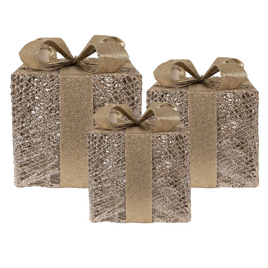 Clayre &amp; Eef | Decoratie cadeau met LED set van 3 Goudkleurig 25x25x30 / 20x20x24 / 15x15x17 cm / 6xAA | 66312