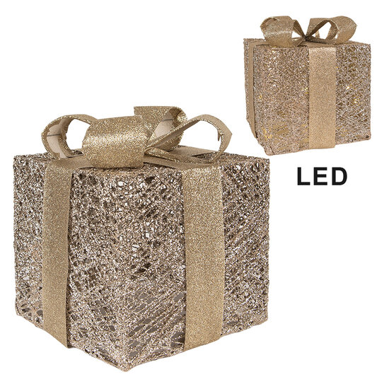Clayre &amp; Eef | Decoratie cadeau met LED set van 3 Goudkleurig 25x25x30 / 20x20x24 / 15x15x17 cm / 6xAA | 66312