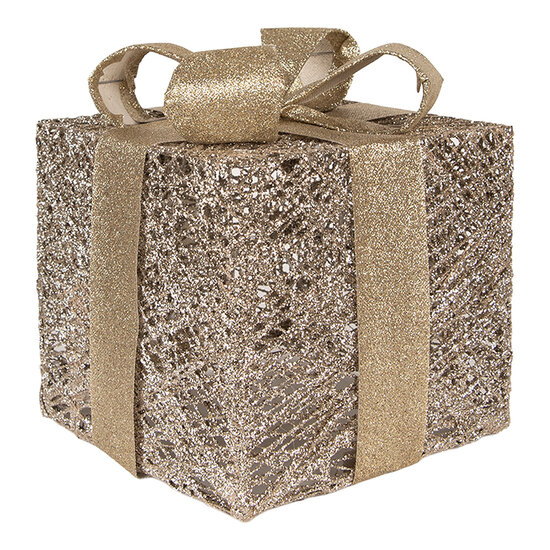 Clayre &amp; Eef | Decoratie cadeau met LED set van 3 Goudkleurig 25x25x30 / 20x20x24 / 15x15x17 cm / 6xAA | 66312