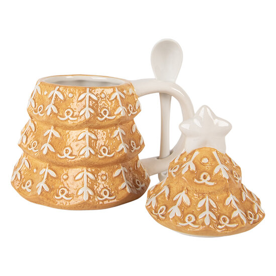 Clayre &amp; Eef | Mok met deksel en lepel Bruin Wit 16x12x18 cm / 350 ml | 6CEMU0212