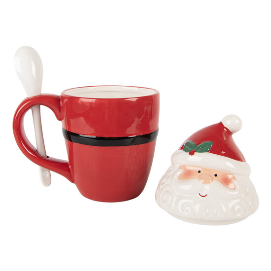 Clayre &amp; Eef | Mok met deksel en lepel Rood Wit 13x9x17 cm / 300 ml | 6CEMU0218