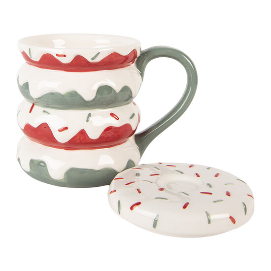 Clayre &amp; Eef | Mok met Deksel Wit Groen 15x10x12 cm / 450 ml | 6CEMU0228