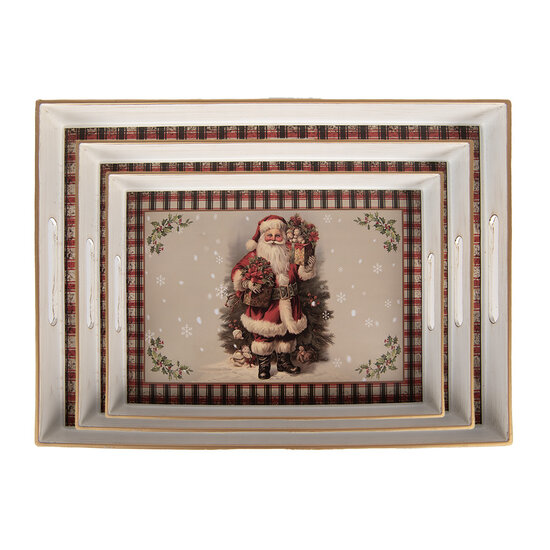 Clayre & Eef | Decoratief Dienblad (set van 3) Beige Rood 40x30x4 / 35x25x4 / 30x20x4 cm | 66396