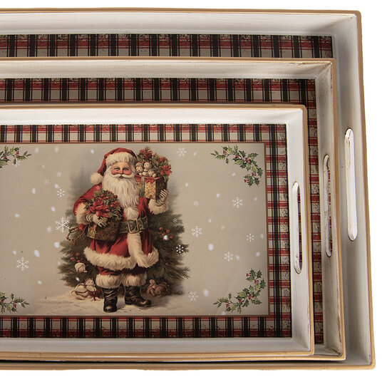 Clayre & Eef | Decoratief Dienblad (set van 3) Beige Rood 40x30x4 / 35x25x4 / 30x20x4 cm | 66396