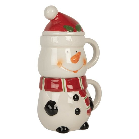 Mok met deksel Wit Rood Sneeuwpop Keramiek 13x9x22 cm / 300 ml / 375 ml