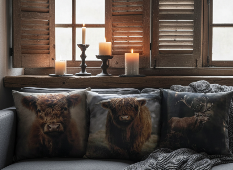 Luxe Sierkussen Schotse Hooglander Portret - Landelijk, Stoer en Sfeervol Woontextiel