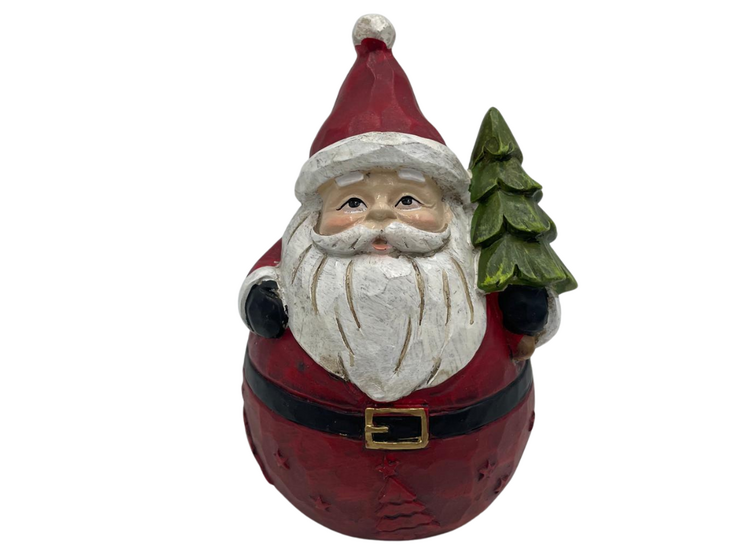 Sfeervol Kerstman Beeldje met Kerstboom 16 cm hout rood wit  – Landelijke Kerstdecoratie