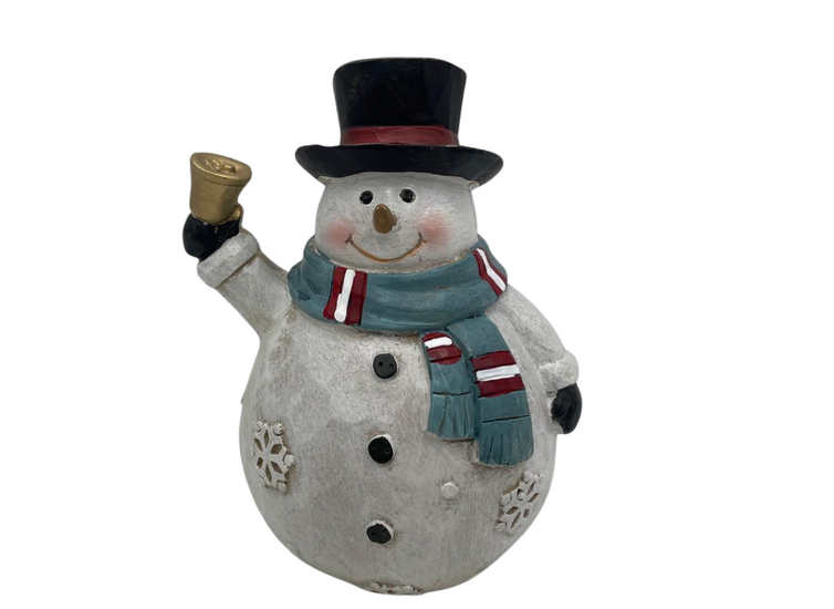 Sfeervol sneeuwpop Beeldje met bel 16 cm hout wit zwart  – Landelijke Kerstdecoratie
