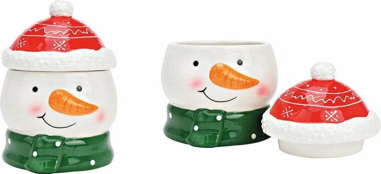 Set van 2 Voorraadpot + bordje sneeuwpop wit rood groen 16 x 12 - 20,5 x 16 cm