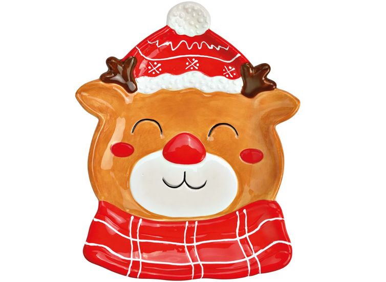 Set :  Voorraadpot + bordje rendier bruin rood wit 16 x 12 - 20,5 x 16 cm